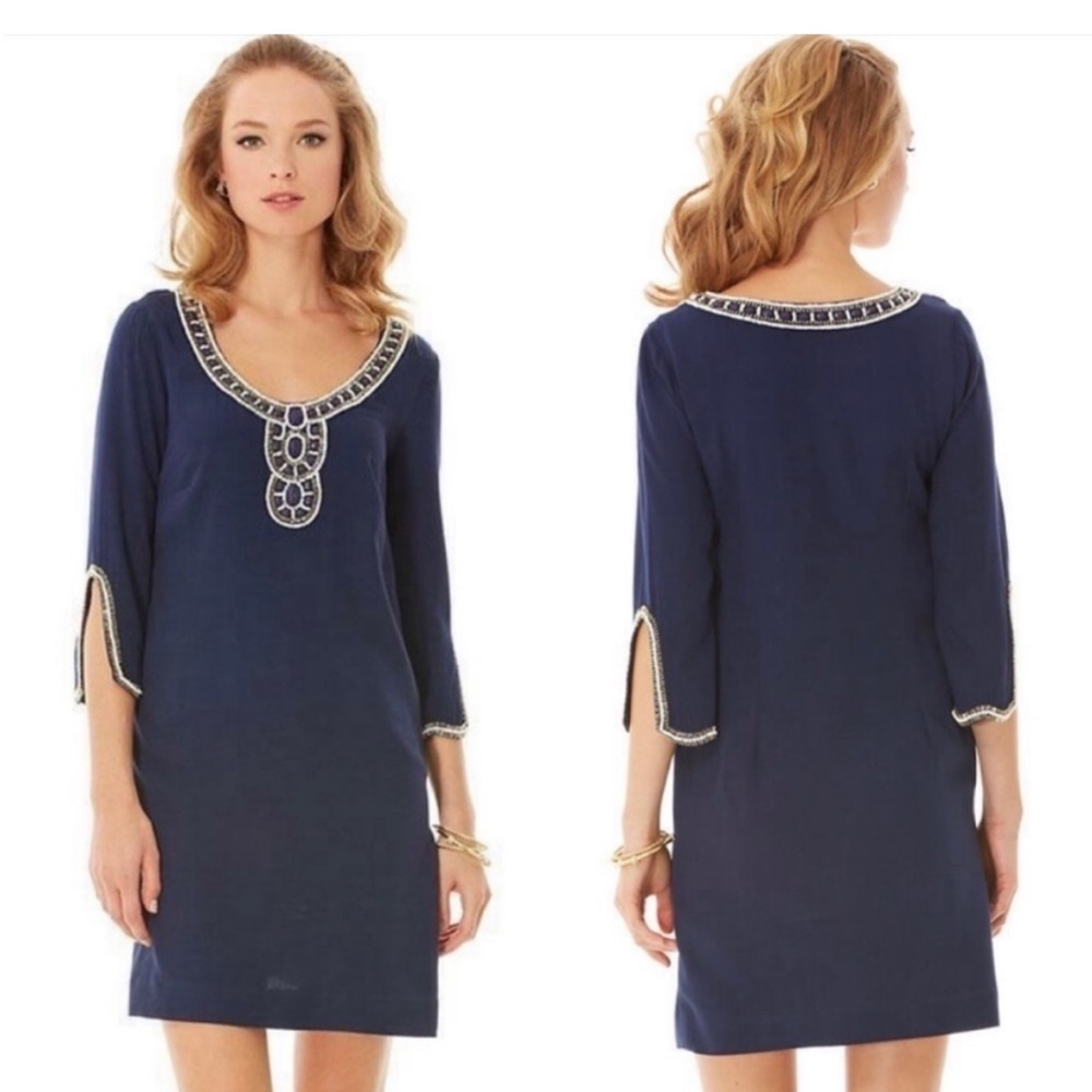Lily Pulitzer Sarah Dress, navy embellished with beads. Size L